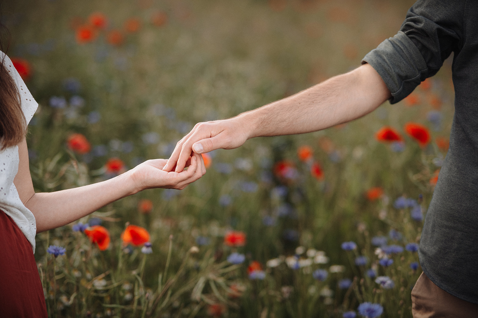 Sonja und Mathieu halten Hände im Blumenfeld